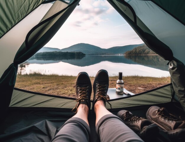 Sapatos acampando e barraca com um casal à beira de um lago na natureza enquanto caminham para aventura ou viajam juntos Floresta aquática e liberdade com um homem e uma mulher ao ar livre na montanha para relaxar ou fugir