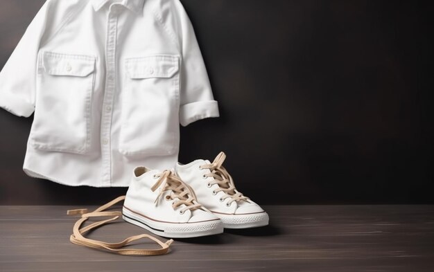 Sapatos brancos e uma camisa branca sobre uma mesa de madeira