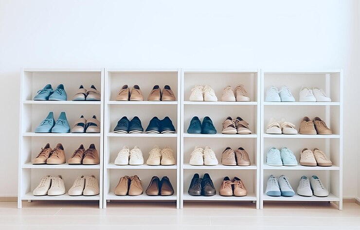 Foto sapatos coloridos em prateleiras em armário de madeira branca no quarto branco b