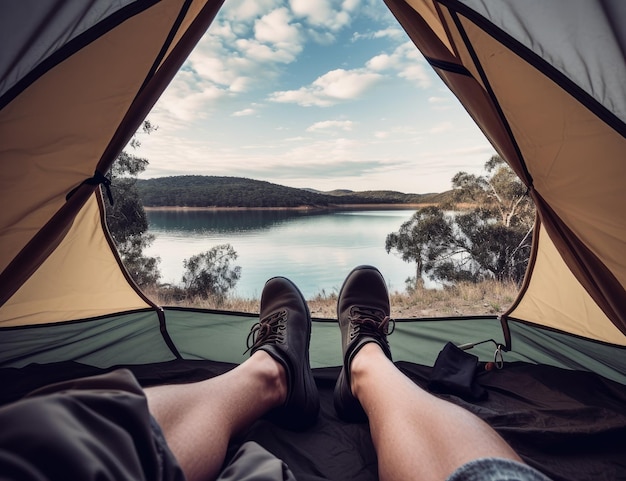 Sapatos de acampamento e tenda com um casal junto a um lago na natureza durante uma caminhada de aventura ou viagem