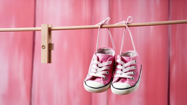 Sapatos de bebê rosa pendurados em um varal
