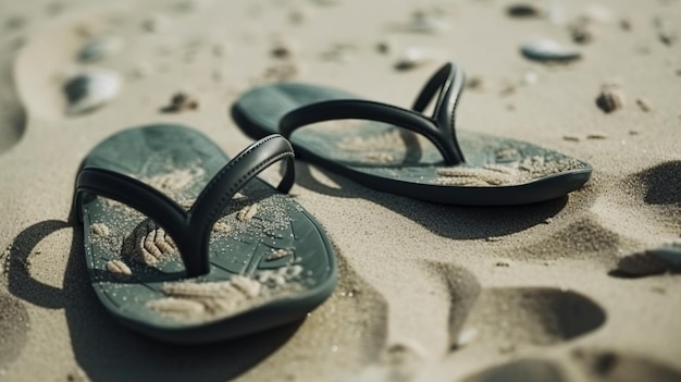 Sapatos de borracha e chinelos na areia da praia gerados pela IA