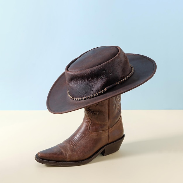 Foto sapatos de bota e chapéu de cowboy americano do oeste selvagem do texas como pôster de conceito mínimo e símbolo rural de rodeio e fazenda