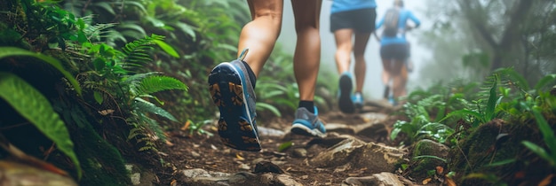 Sapatos de corrida de trilha em um caminho florestal de vegetação exuberante e um cenário nebuloso