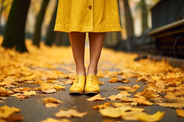 Sapatos de couro amarelos em uma mulher andando com folhas de outono na calçada aconchegante