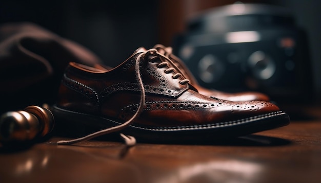 Foto sapatos de couro masculinos modernos exalam elegância e moda na mesa gerada por ia