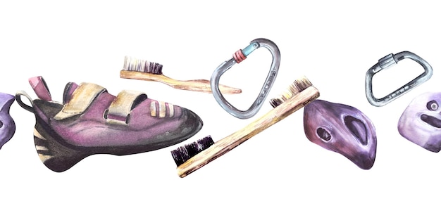 Foto sapatos de escalada carabiner de metal com pincel e pedras equipamento de bouldering de aquarela desenhado à mão