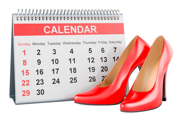 Sapatos de salto alto com renderização 3D de calendário de mesa