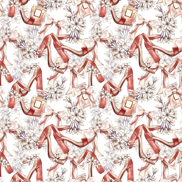 Sapatos de sandálias de padrão uniforme frascos de perfume flores de arco de seda isoladas em aquarela branca dra