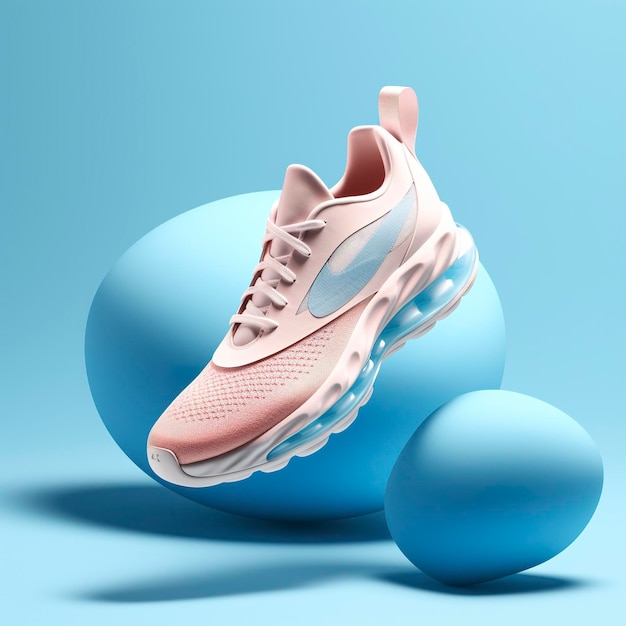 Sapatos esportivos com uma bola fundo limpo e simples cor de fundo azul claro brilhante AI Generative