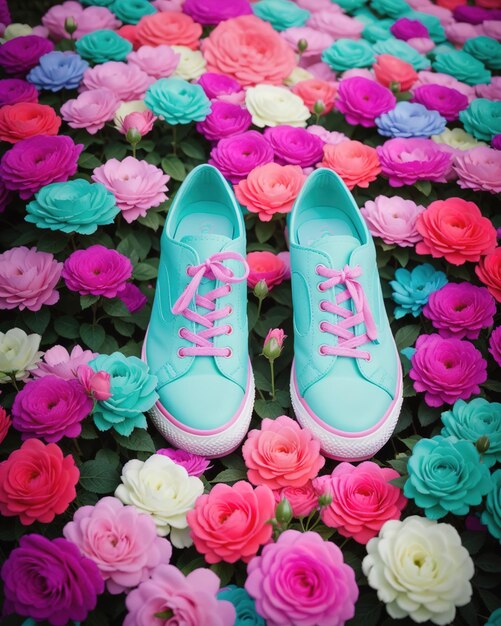 Sapatos femininos e flores em fundo colorido vista superior ai generativa