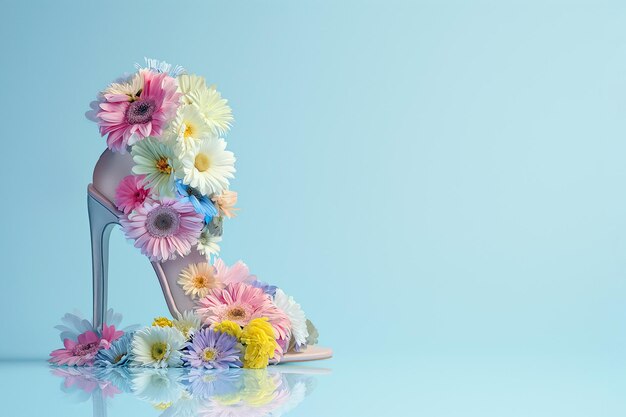 Sapatos femininos feitos de flores em fundo azul com espaço de cópia Sapatos de salto alto decorados com flores em flor Moda e conceito de venda de primavera minimal criativo calçado de verão para mulher