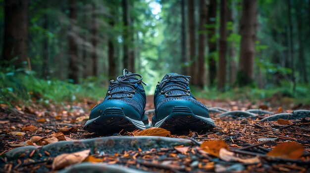 Foto sapatos para caminhadas na trilha da floresta