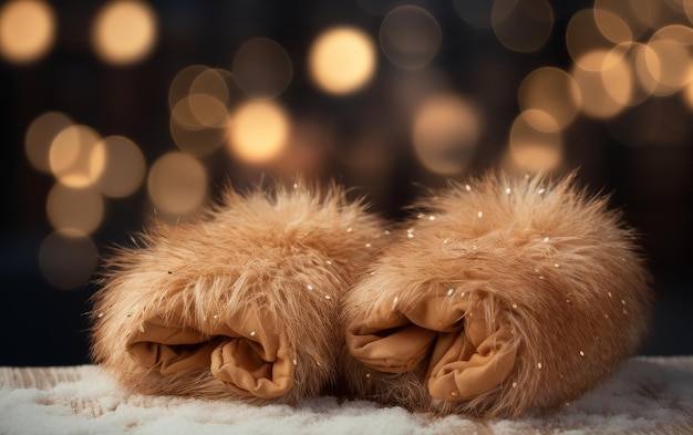 Sapatos peludos de pelúcia descansam em cima de uma cama aconchegante