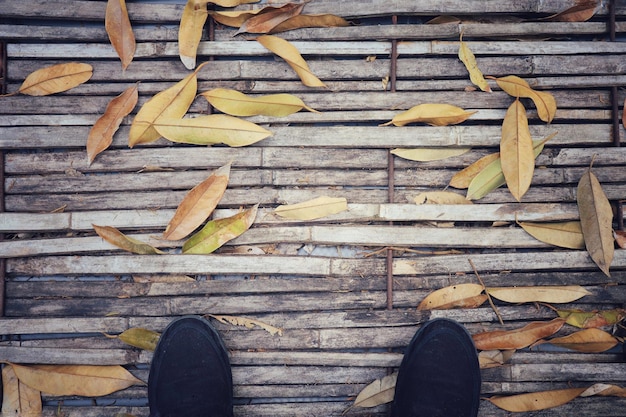 Sapatos pretos no chão de bambu velho com folhas secas no outono Imagem de estilo vintage