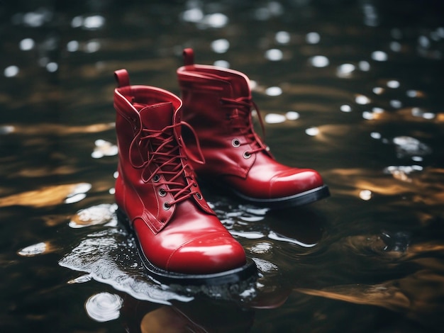 Foto sapatos vermelhos botas vermelhas sapatos off-road em mau tempo foco seletivo gerado pela ia