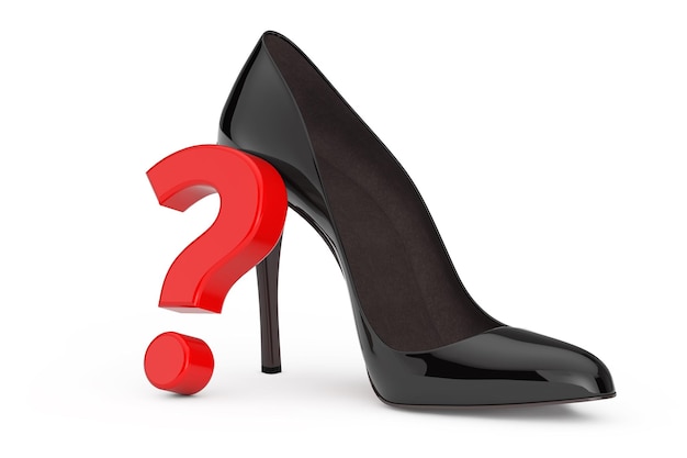 Sapatos Wooman de salto alto preto com renderização em 3D de ponto de interrogação vermelho