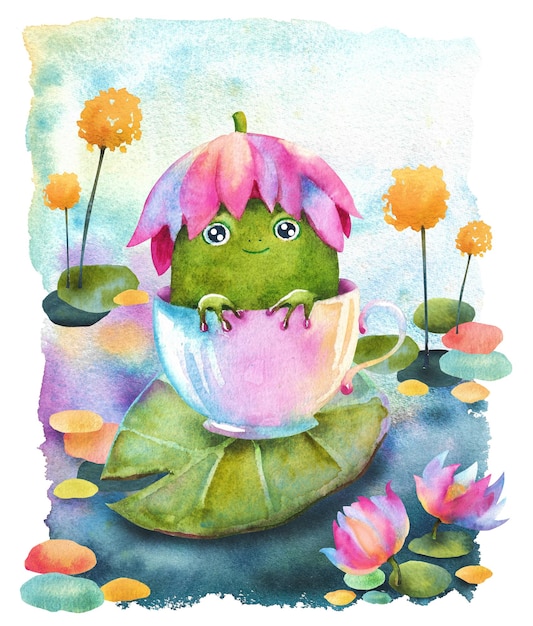 Sapo aquarela Um sapo de desenho animado em uma xícara de chá branca em um lírio d'água com um lírio rosa na cabeça cercado por flores do pântano