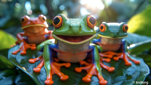 Sapo-árvore no meio do voo rindo cena de floresta tropical exuberante cores vibrantes essência de sonho quente luz dourada do nascer do sol lançando longas sombras criando uma cena lúdica animada AI Generative