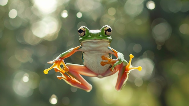 Sapo-árvore verde a saltar na floresta com uma expressão bonita.