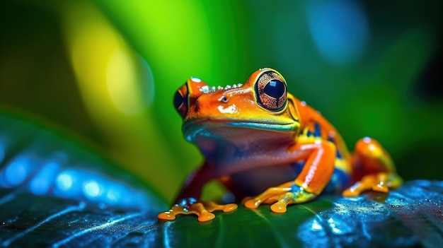 Sapo azul, amarelo e laranja em folha verde