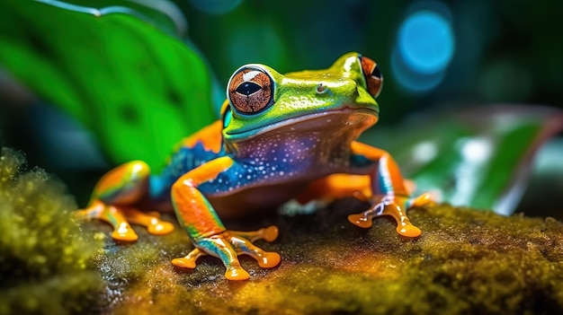 Sapo azul, amarelo e laranja em folha verde