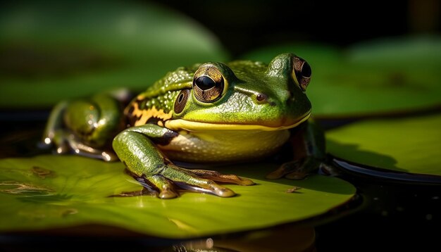 Sapo baboso sentado en una hoja mojada al aire libre generado por IA