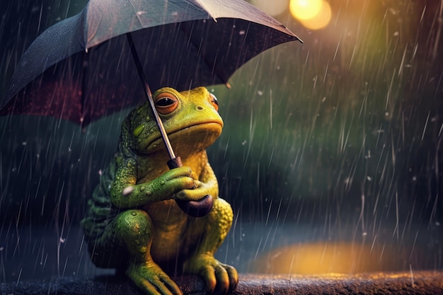 Foto sapo chorando sob um grande guarda-chuva