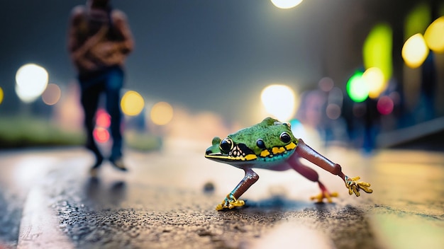 sapo colorido pulando na calçada de uma rua movimentada muitas pernas passando