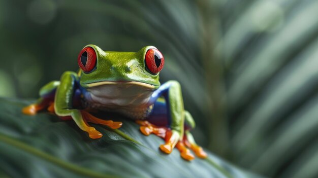 Sapo-da-árvore-amazônica de olhos vermelhos capturado pela câmera sob uma palmeira