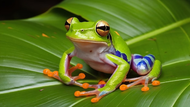 Sapo de árvore de olhos vermelhos sentado em folhas verdes