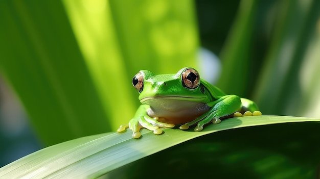 Sapo de árvore verde em uma folha verde na floresta tropical