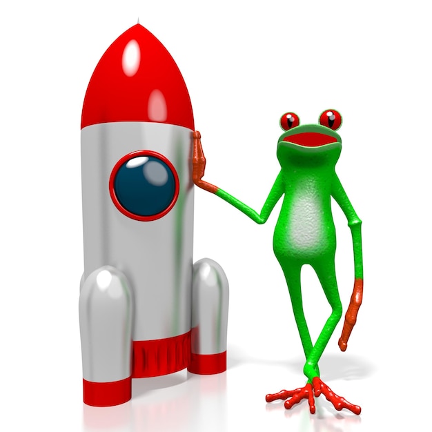 Sapo de desenho animado e foguete espacial