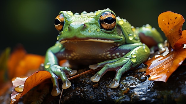 Sapo de lábios brancos apanhado na chuva em um galho de árvore em um parque IA generativa