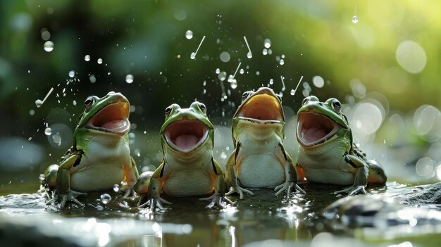 Foto sapo desfrutando de uma chuva num dia ensolarado