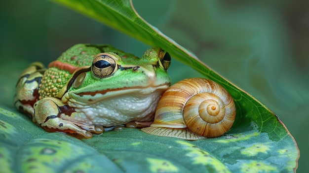 Sapo e caracol sentados sob a folha IA generativa