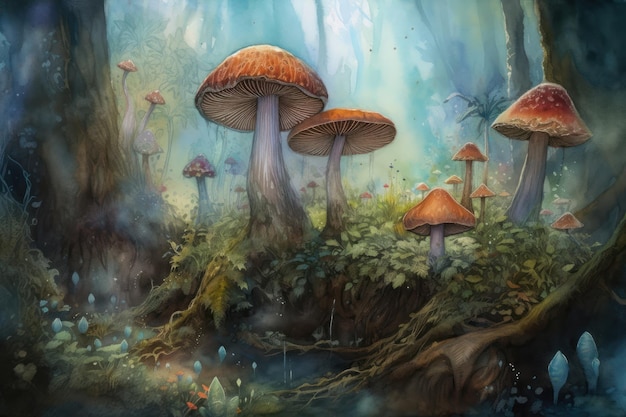 Sapo-gigante e cogumelos fantásticos crescendo do chão num paraíso do país das fadas