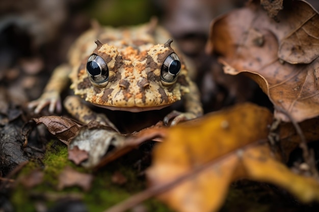 Sapo en la hojarasca en una sombra densa