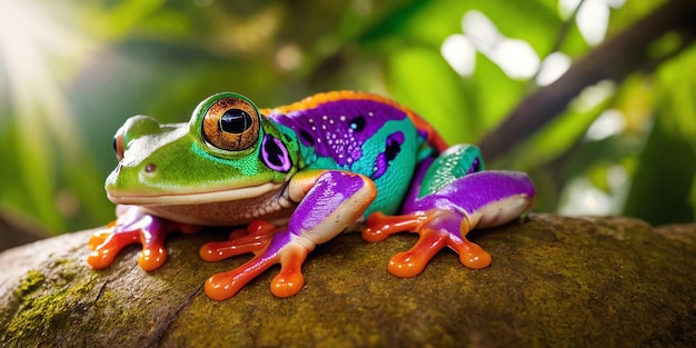 Sapo tropical na selva em um dia ensolarado ilustração da floresta tropical com anfíbios coloridos brilhantes entre plantas exóticas com folhas grandes fundo com paisagem de natureza intocada generative ai