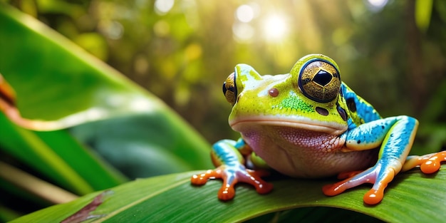 Sapo tropical na selva em um dia ensolarado Ilustração da floresta tropical com anfíbios coloridos brilhantes entre plantas exóticas com folhas grandes Fundo com paisagem de natureza intocada Generative AI