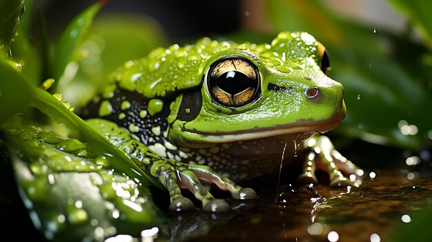 Sapo verde sentado en la hoja mojada en el estanque de la selva tropical