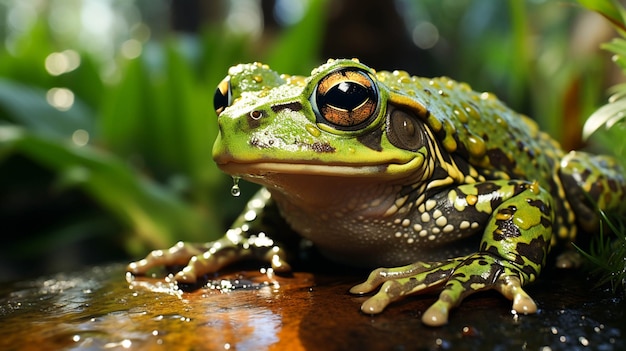 Sapo verde sentado en la hoja mojada en el estanque de la selva tropical