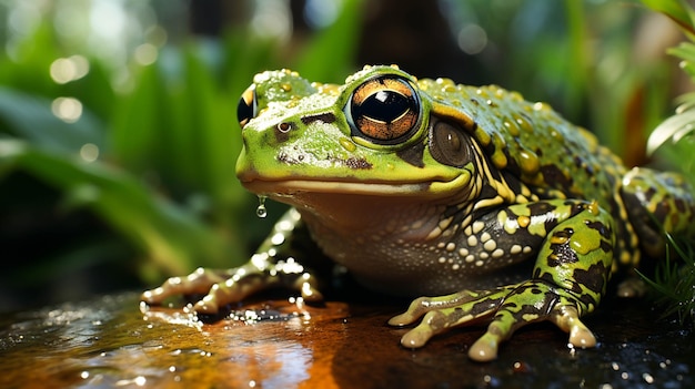 Sapo verde sentado na folha molhada na lagoa da floresta tropical