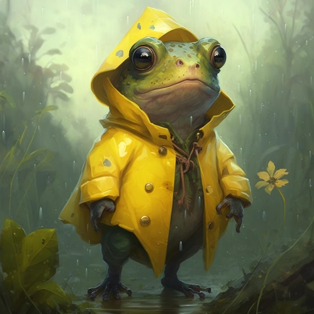 Sapo vestindo uma capa de chuva amarela