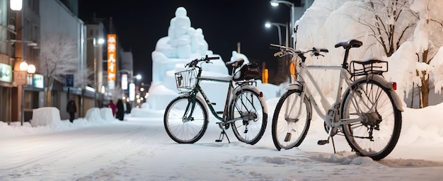 Sapporo Snow Ride Ciclismo a través de un país de las maravillas de invierno con dos bicicletas en calles cubiertas de nieve e Ic