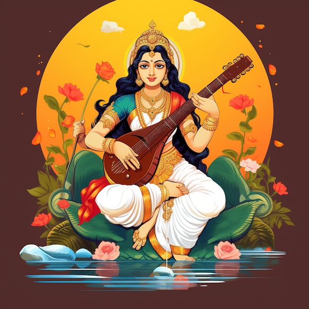 Foto saraswati devi göttin happy vasant panchami indisches fest göttin maa saraswati ai erzeugt