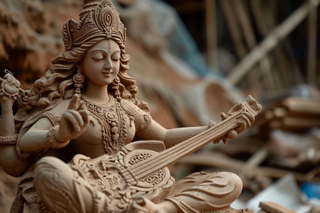 Foto saraswati puja ídolo de barro feito em kolkata, índia