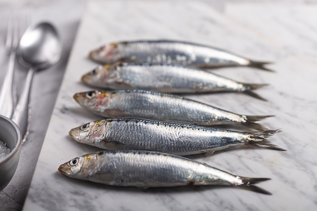 Sardinas frescas recién capturadas del mar Mediterráneo sobre el fondo de mármol de piedra. El pescado es muy utilizado en las cocinas de Grecia, España.