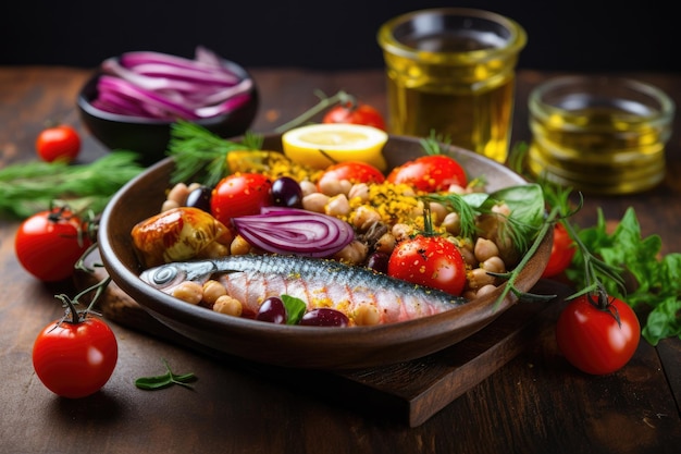 Sardinas con garbanzos y verduras sobre un fondo de madera Comida saludable para un concepto de dieta mediterránea flexible equilibrada AI generado