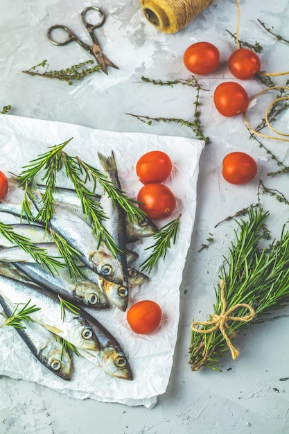 Sardinen oder Ostseehering mit Tomaten und Rosmarin auf Papier auf hellgrauer Betontischoberfläche Roher, ungekochter Seefisch Kopiergewürz